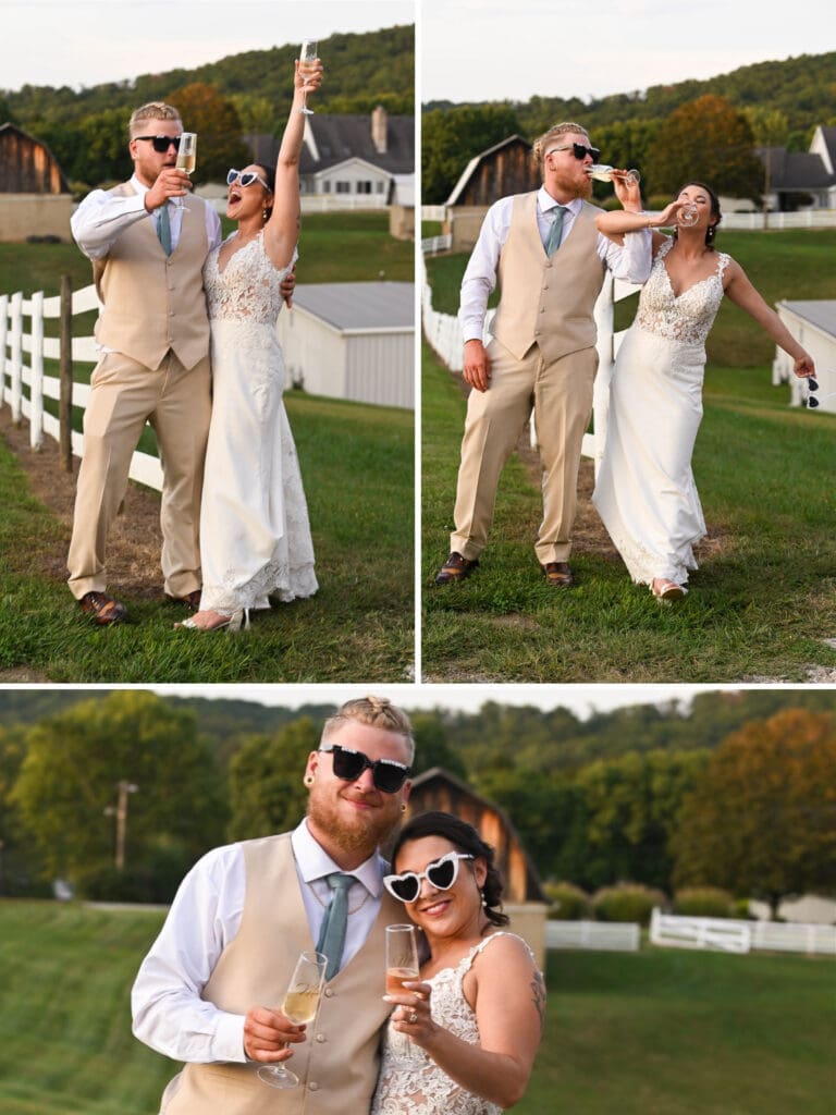 West Virgina bride and groom toast at family farm wedding